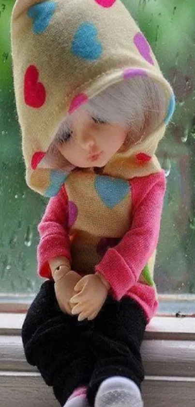 Cute doll with colorful attire sitting by a window.