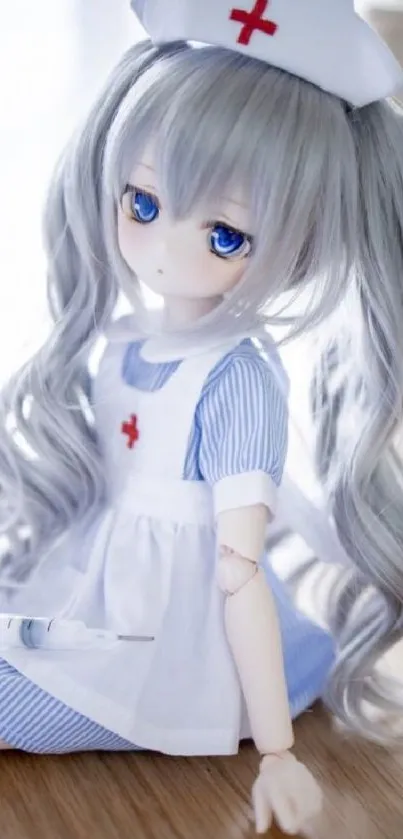 Anime-inspired nurse doll with silver hair in pastel colors.