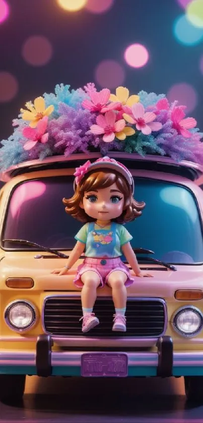 Cute doll sitting on a vintage van with colorful flowers.