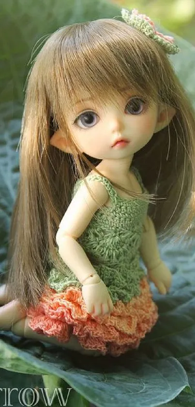 Charming doll sitting on a large green leaf.