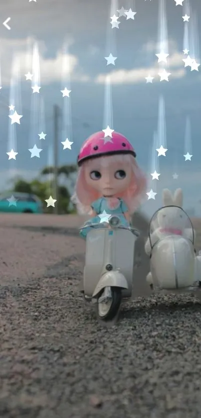 Cute doll on a scooter with stars in background.