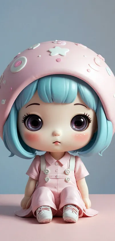 Adorable pastel doll with pink helmet and blue hair, perfect for mobile screens.