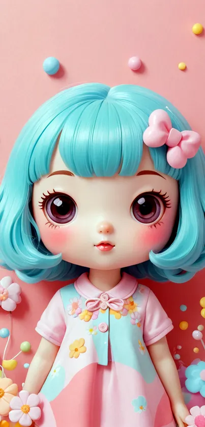 Adorable doll with blue hair on a pastel pink background.