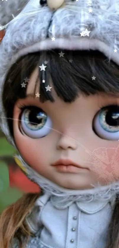 Whimsical doll with large eyes and starry background.