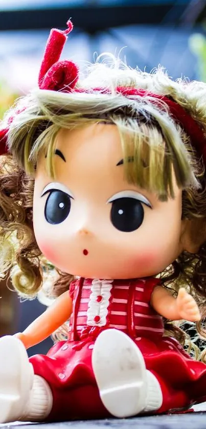 Cute doll with curly hair and red dress on vibrant wallpaper.