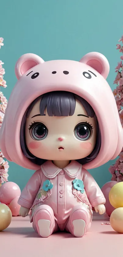 Adorable doll with pink bear hat and floral surroundings.