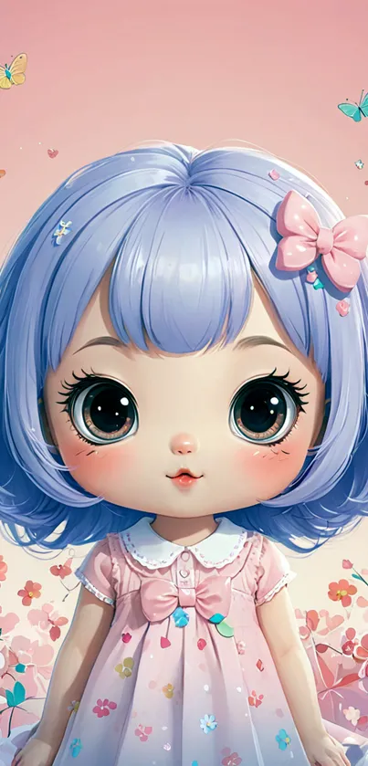 Cute blue-haired doll with pink background.