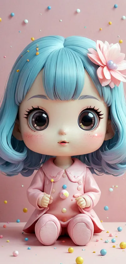 Charming doll with blue hair and pink outfit in a pastel themed wallpaper.