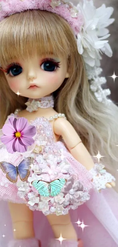 Charming doll with pastel colors and floral details, perfect for a mobile wallpaper.