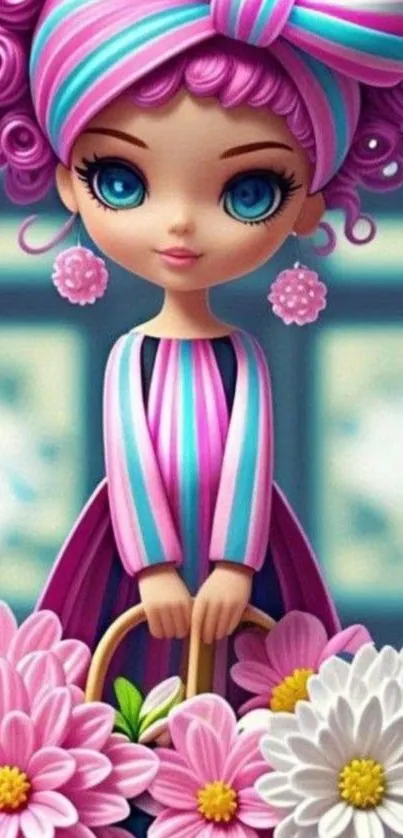 Cute doll with pink flowers and pastel colors