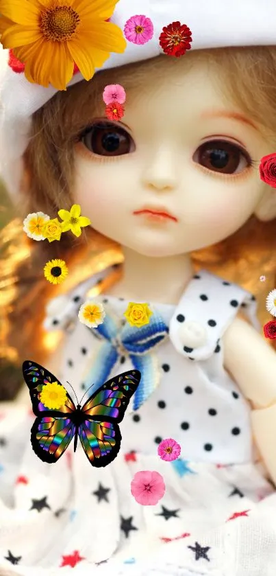 Adorable doll surrounded by flowers and a vibrant butterfly.