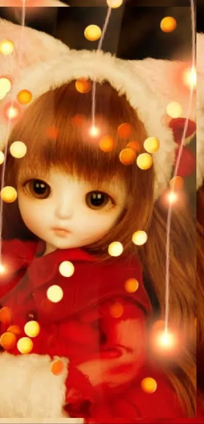 Cute doll in red with light bokeh effect and furry ears.