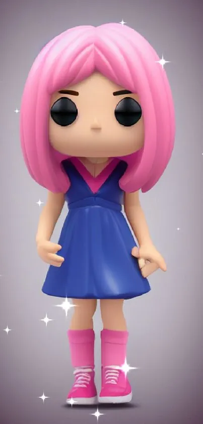 Doll with pink hair and blue dress on a soft purple background.