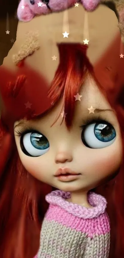 Whimsical doll with red hair and large blue eyes, in a fantasy style artwork.