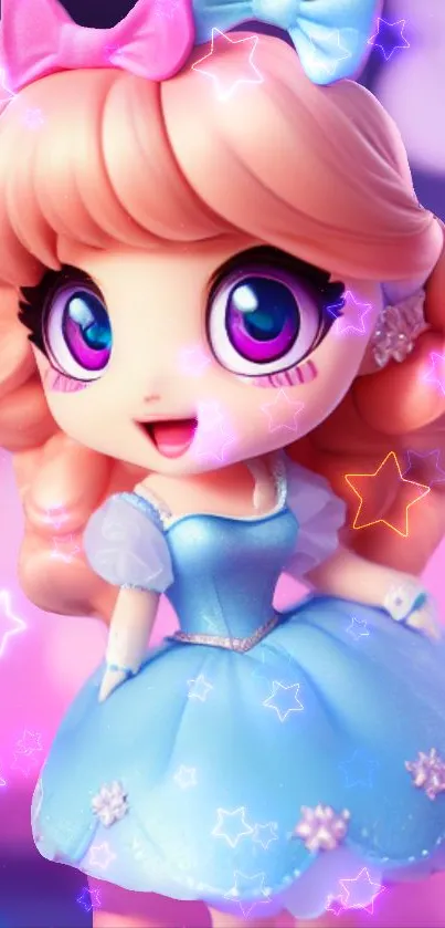 Cute doll in blue dress with glowing star lights.