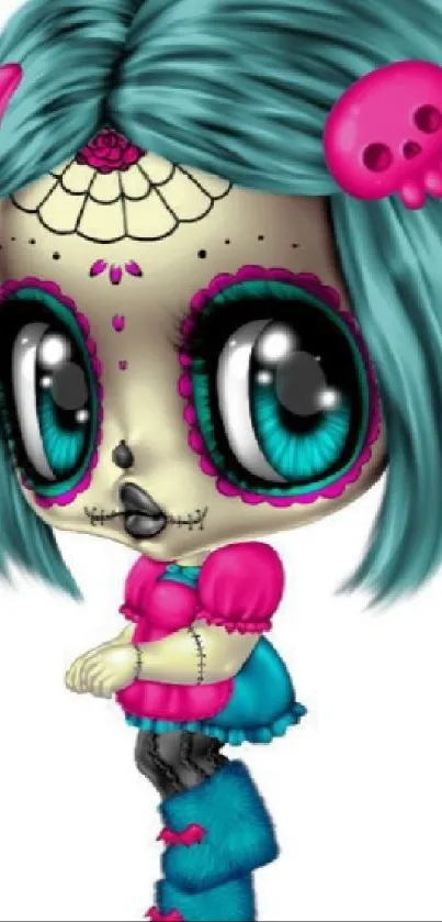 Cute animated doll with teal hair and skull design.