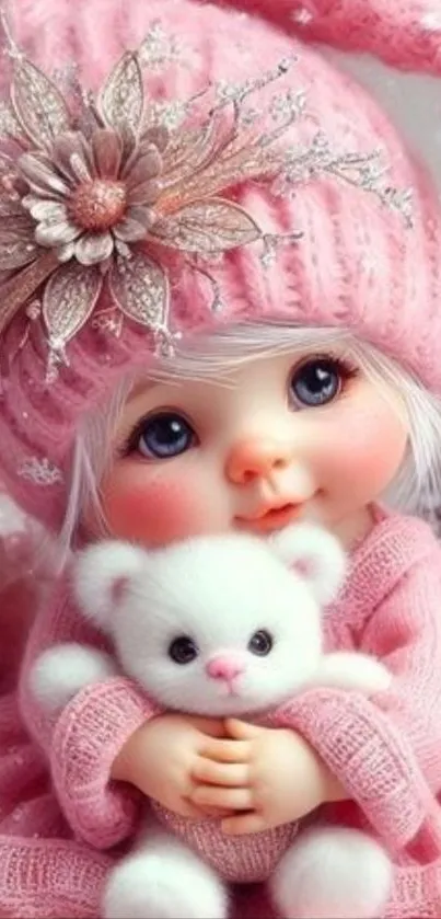 Cute doll holding a white teddy bear with a pink floral hat.