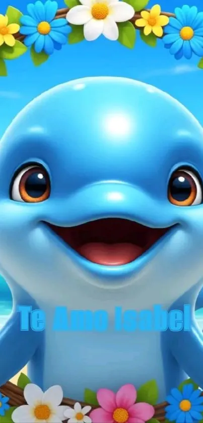 Cute cartoon dolphin with colorful flower border.