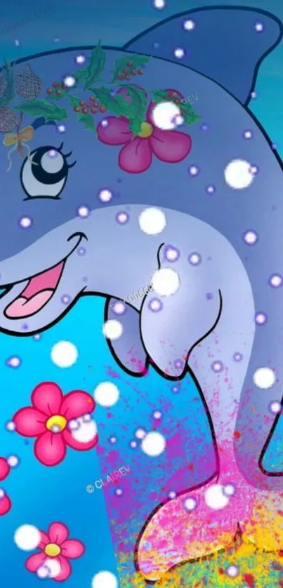 Vibrant cartoon dolphin with flowers and bubbles.