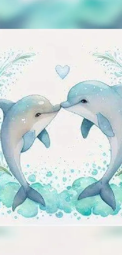 Two dolphins with heart in ocean-themed design wallpaper.