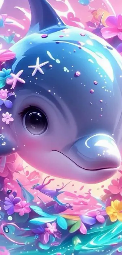 Colorful cartoon dolphin surrounded by flowers.