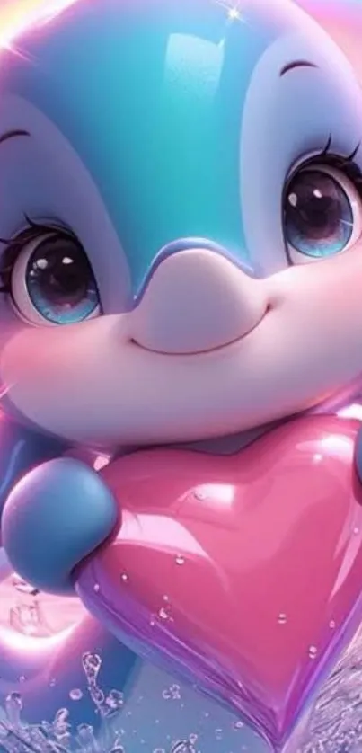 Cute cartoon dolphin with pink heart and rainbow.
