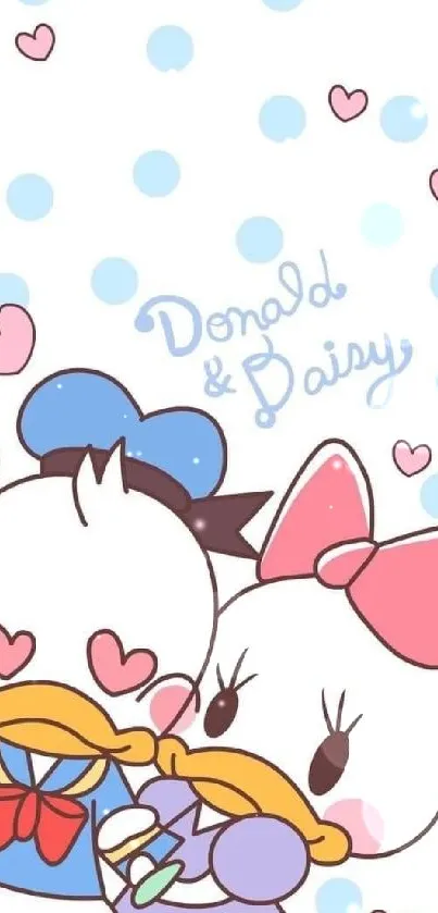 Cute wallpaper featuring Donald and Daisy Duck with pink hearts and blue polka dots.