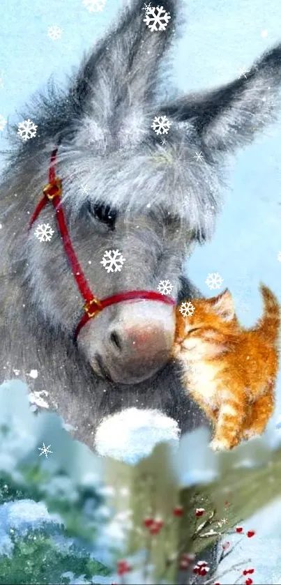 Adorable donkey with kitten in snow scene