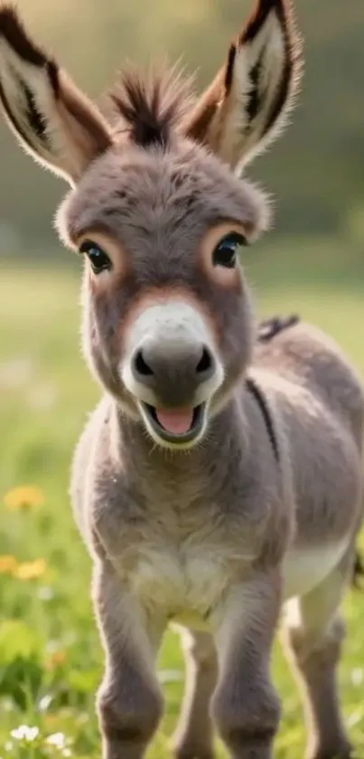 Cute donkey standing in a flower-filled field, smiling.