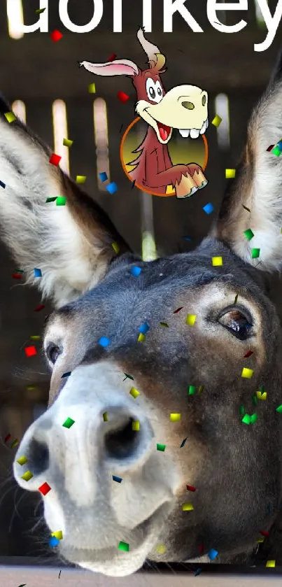 Close-up of a donkey with cartoon character above for mobile wallpaper.
