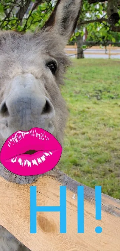 Donkey with a pink lipstick kiss and a 'HI!' in a farm setting.