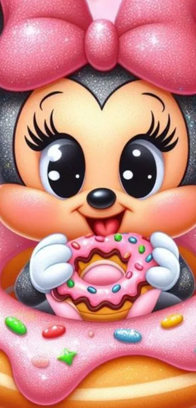 Cute cartoon with donut on pink background.