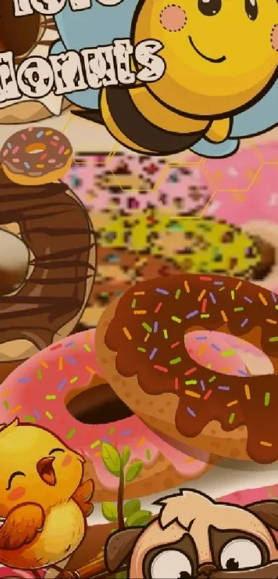 Cute cartoon bee and donuts wallpaper with animal characters.