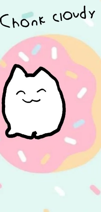 Cute cartoon cat with pink donut on pastel background.