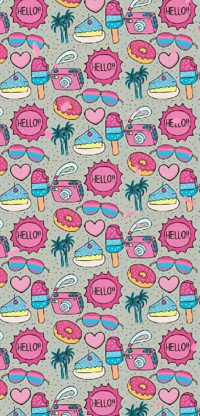 Colorful doodle pattern with fun summer icons.