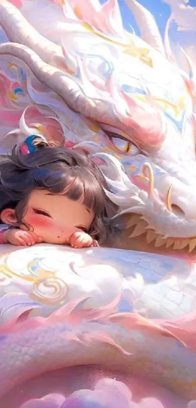 Adorable child resting on a mystical dragon.