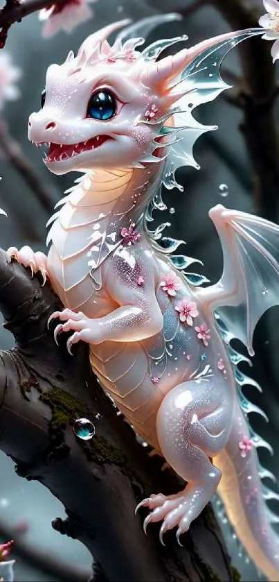 Whimsical baby dragon among cherry blossoms, perfect phone wallpaper.