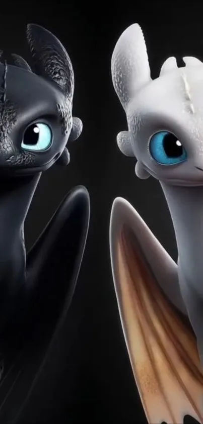 Black and white dragons with blue eyes on a dark background.