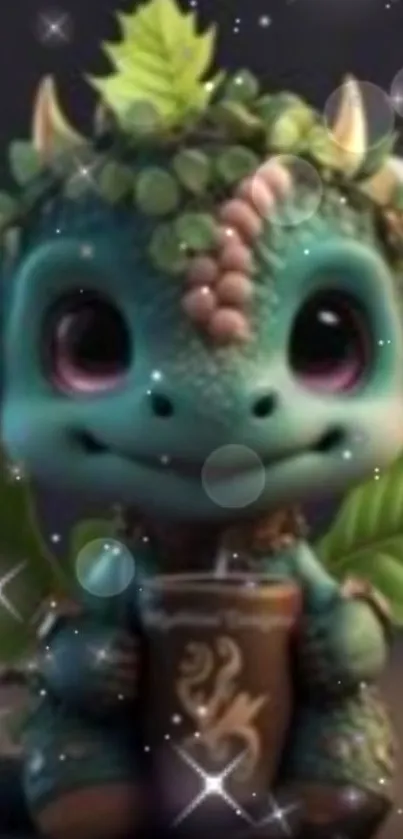 Cute dragon holding a drink in a leafy, sparkling fantasy setting.