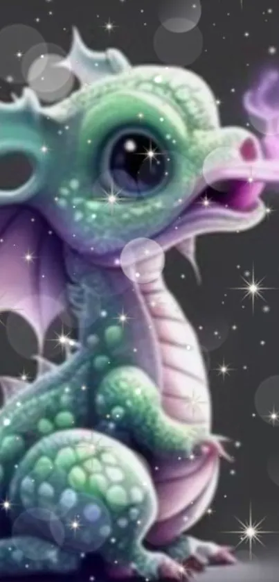 A cute dragon with mint green scales and purple smoke on a starry background.