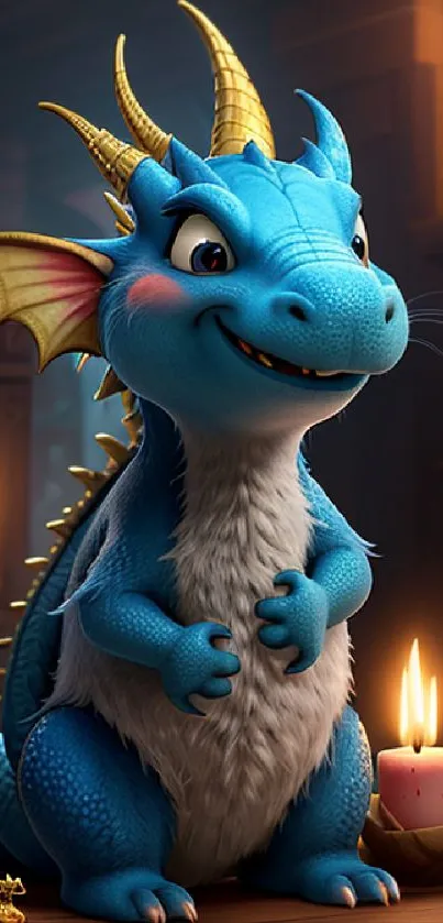 Blue cartoon dragon with candles in a cozy fantasy setting.