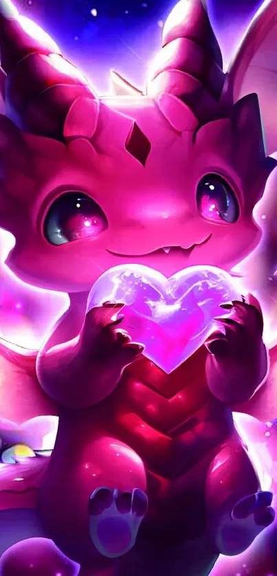 Cute dragon holding heart in vibrant colors.