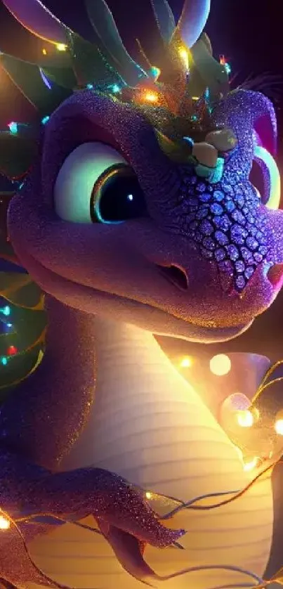 Cute dragon adorned with glowing holiday lights, perfect for mobile wallpaper.