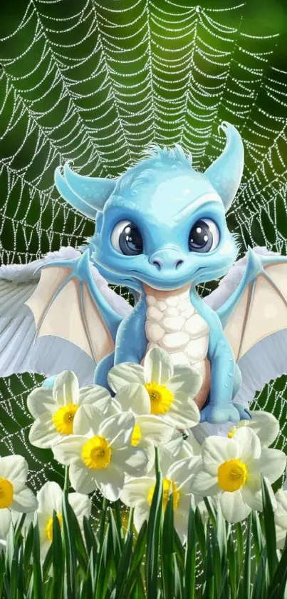 Blue dragon in daffodil field with cobweb on green background.