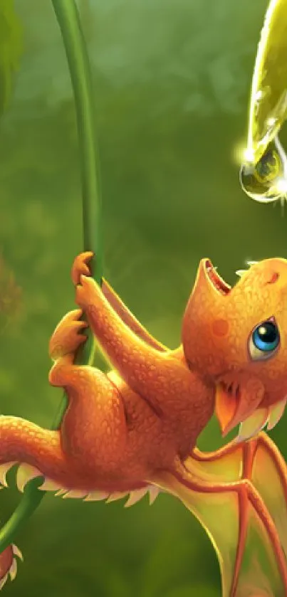 Adorable orange dragon on a vine in a lush green jungle with a dewdrop above.