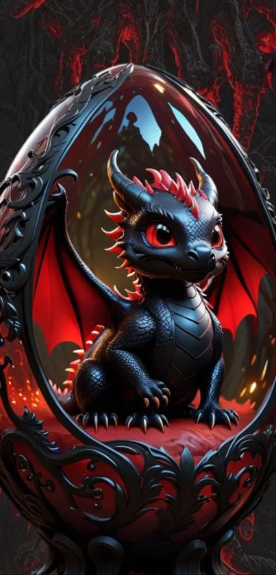 Cute dragon sitting inside an ornate egg with dark red accents.