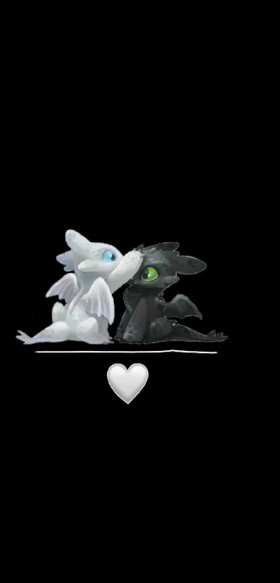 Cute black and white dragons kissing with heart on black background.