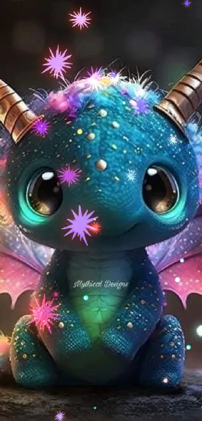 Cute baby dragon with colorful wings and magical lights.