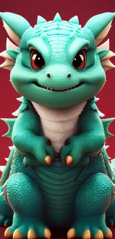 Cute teal dragon cartoon on a red background.