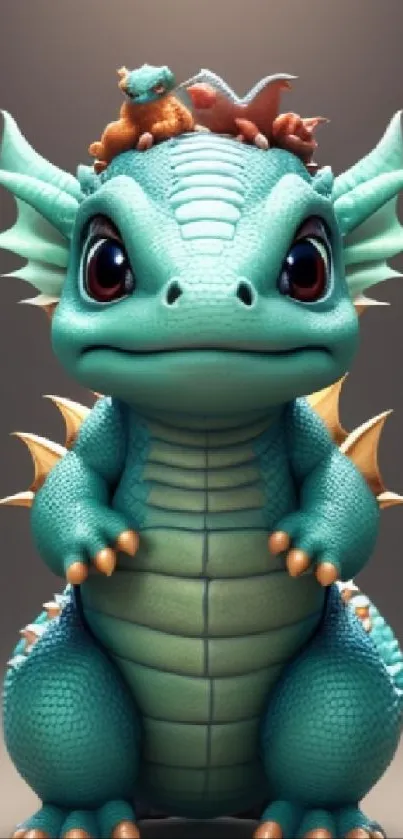 Adorable teal dragon with cute features against a soft background.